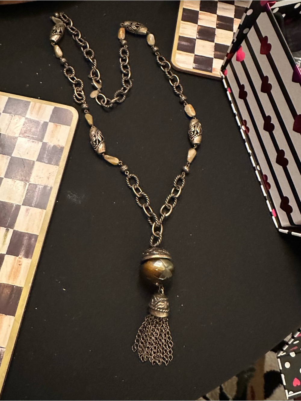 Antique Brass Tassel Pendant Necklace in Brown & Gold Color